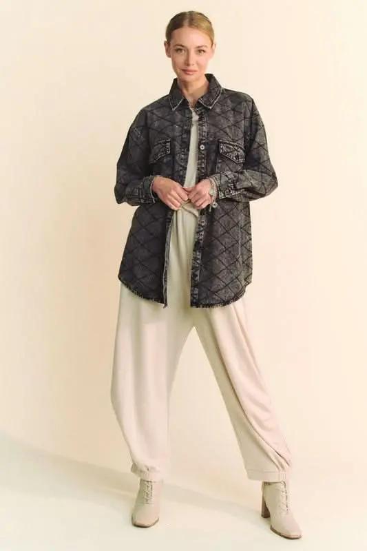 Davi & Dani Curved Hem Diamond Quilted Button Up Denim Shacket - Love Salve